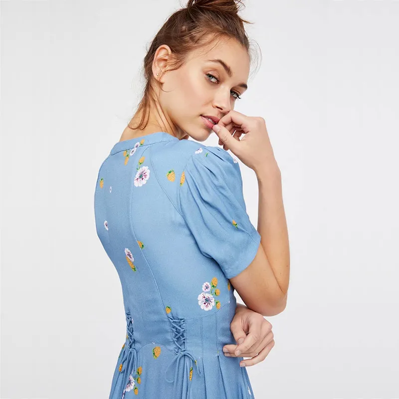yinlinhe Floral Lace Up Summer Dress Short Sleeve Blue Slim Waist Sexy Women Beach Dress V neck Elegant Bohemian Vestidos 1