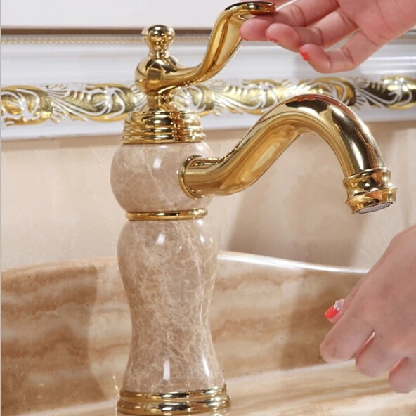 

Gold Full copper basin mixer European single hole hot and cold marble counter basin faucet genuine high-grade jade