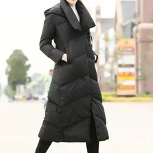 Европа и США Мода X-long пуховик женщин утолщаются белый утиный пух пальто куртки темно-зеленые кружева Up Parkas