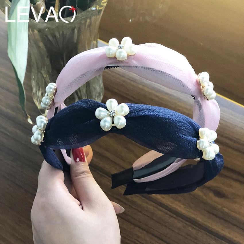 

Levao 2019 Simple Female Hair Band Pearl Flower Headband Solid Color Gauze Wide Hair Hoop Fashion Photography Hair Accessories