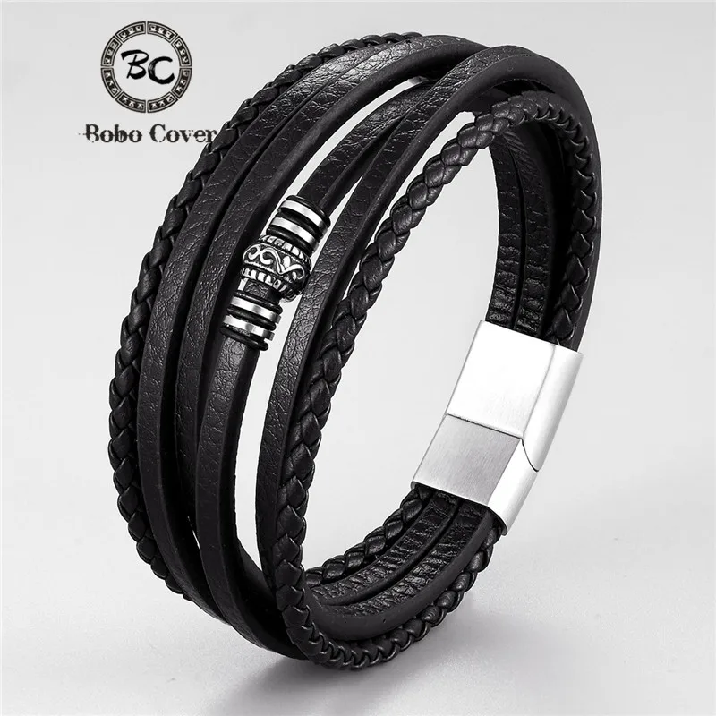 

Punk Genuine Leather/PU Bracelets Men Femme Multi-layer Black Bracelet Male Jewelry Homme Stainless Steel Magnetic Accessories