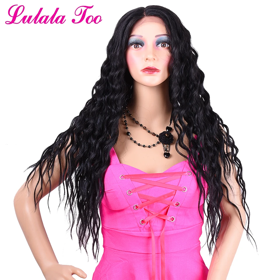 

30inch Long Wavy Curly Natural Black Synthetic Lace Front Wig For Women Loose Deep Wave L Part Heat Resistant Fashion Wig