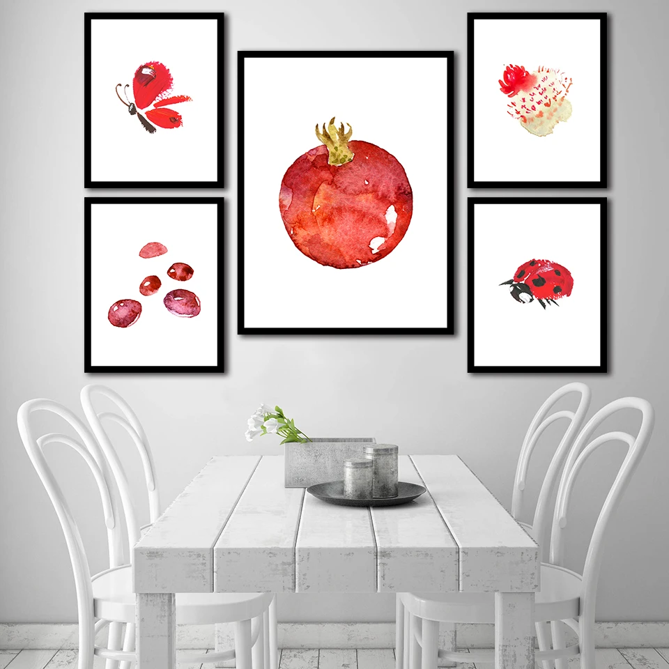 

Modern Home Decor Nordic Canvas Pomegranate Butterfly Picture Wall Art Prints Watercolor Painting Modular Poster For Living Room