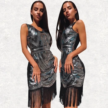 

Elegant Black Sleeveless Sequin Bandage Dress 2019 Newest Women Black Tassel Bodycon Vestidos Chic Summer Party Night Out festa
