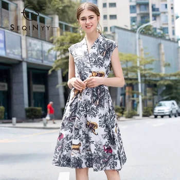 

SEQINYY Vintage Dress 2019 Summer New Fashion Design Sleeveless Blue Ink Trees Animals Printed Knee Dress