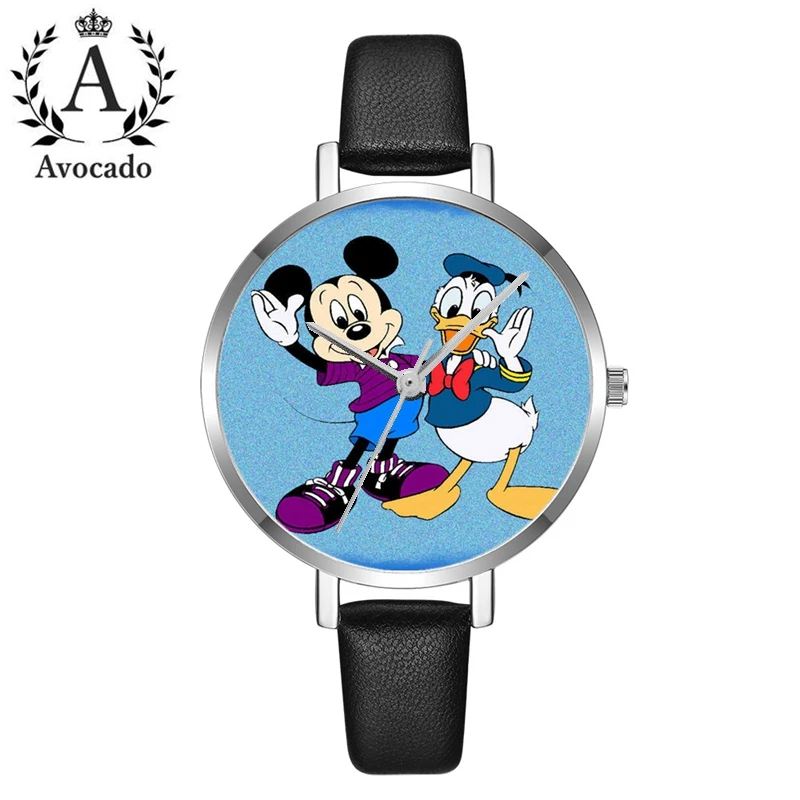 

New Mickey Duck Fashion Cartoon Quartz Watches Women Watch Silver Case Leather Kids Children Relogio Feminino Montre Wristwatch