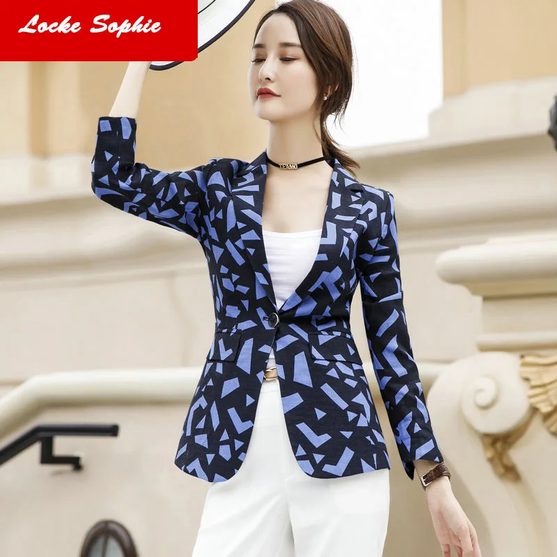 1pcs Women's Plus size Blazers coats 2019 Summer cotton Prints Single buckle Suits jackets ladies Skinny Blazers Suits coats