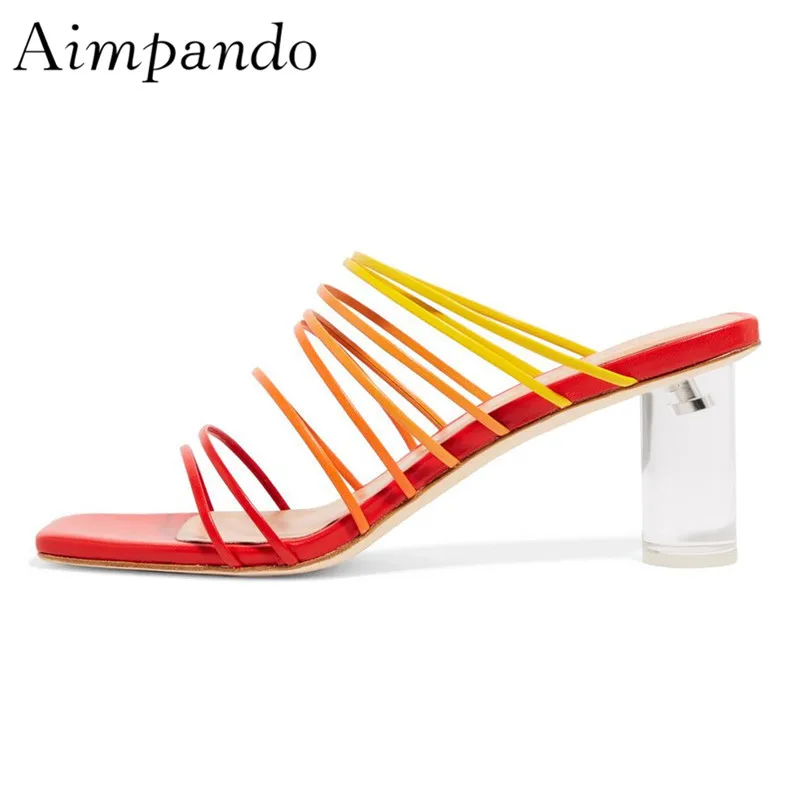 

New Summer Iridescent Narrow Band Slippers Women Unique Square Toe Open Toe Crystal Round Heel Beach Slides For Women