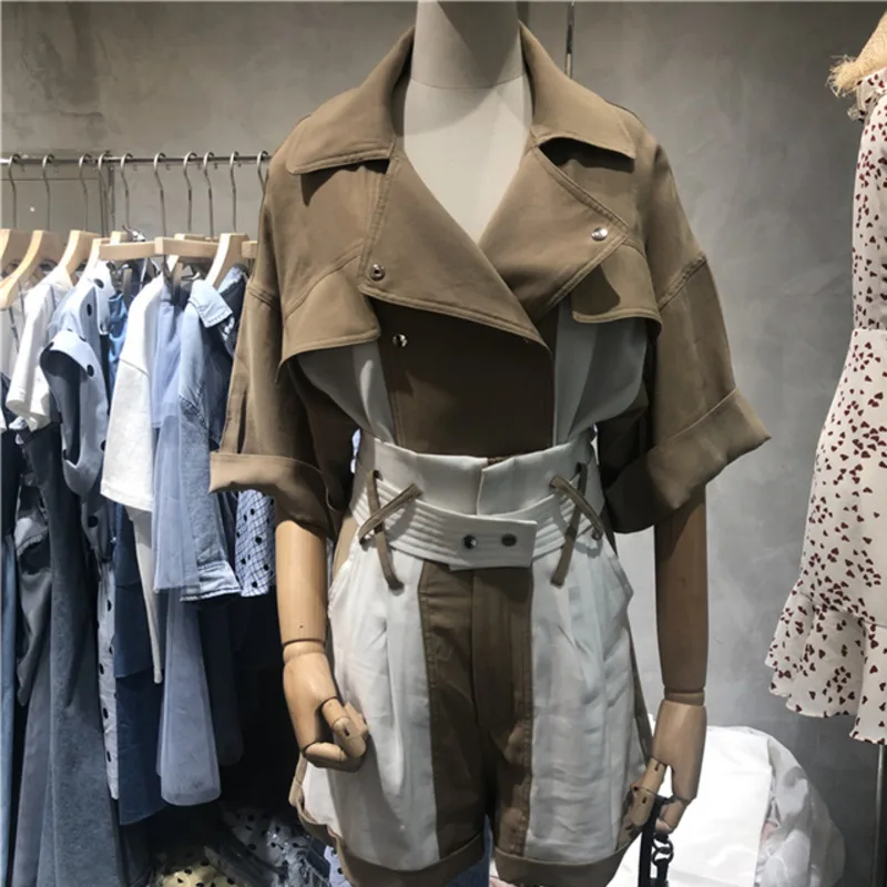 

LANMREM 2019 new summer fashion women clothes turn-down collar patchwork spliced buttons waist belts shorts set WH10116