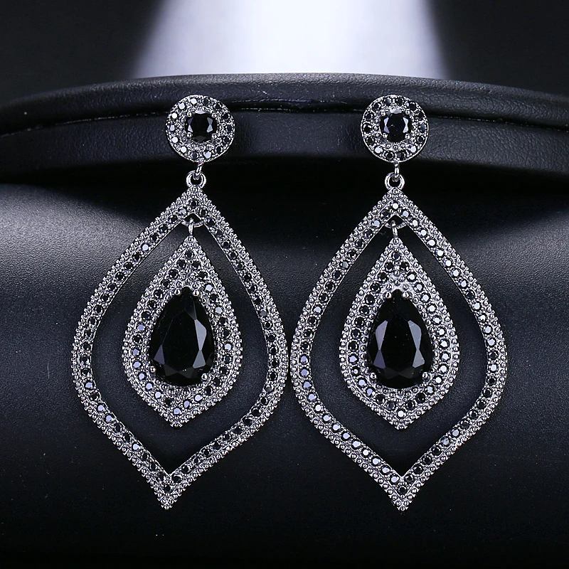 EMMAYA Shiny Leaf Shaped Dangling Big CZ Bridal Silver Black Crystal Long Drop Earrings For Women Wedding Fashion Jewelry Gift