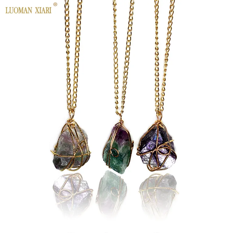 

1 Pcs Trendy Colorful Natural Fluorite Necklace Irregular Design Stone Golden Chain Quartz Pendant Necklace For Women Girls Gift