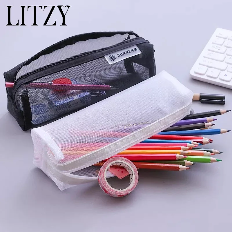 Black Student Pencil Cases for School Transparent Nylon Pencil Case