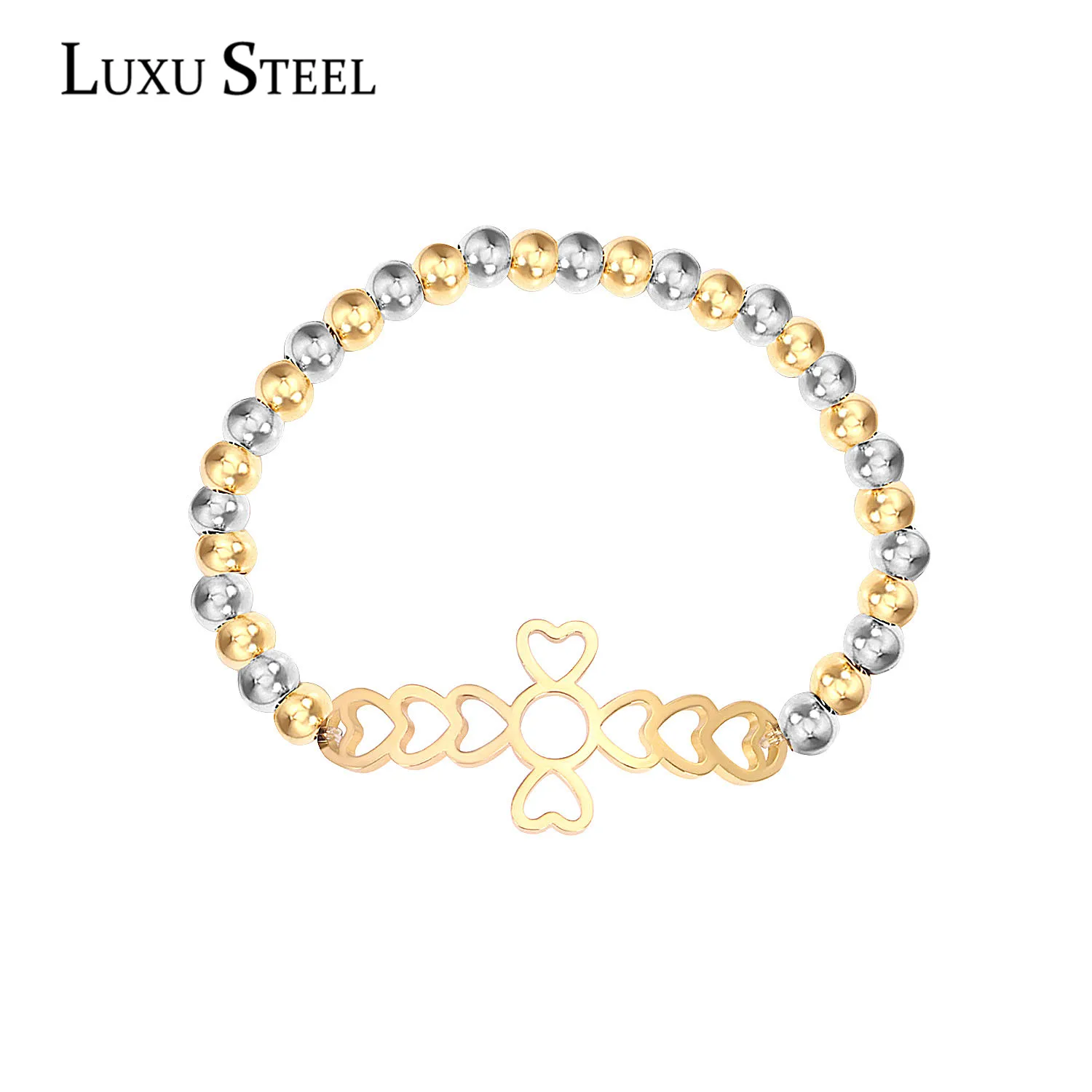 

LUXUSTEEL Heart Shape Round Beaded Bracelets Stainless Steel Mixed Color Bracelets Bangles For Women/Men Wholesale Gift