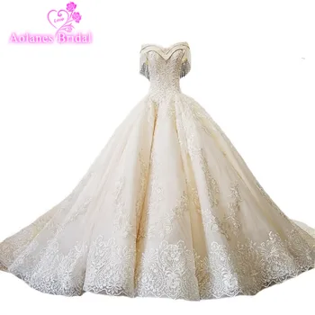 

2018 Luxury Champagne Natural White Lace Sweetheart Sleeveless Cathedral Train Ball Gown Off The Princess Wedding Dress Gowns