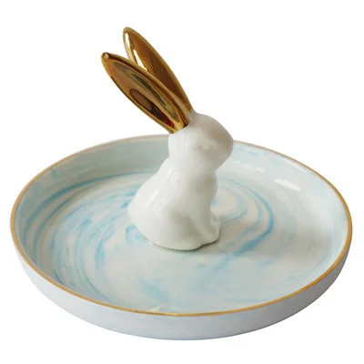 Small Flamingo Unicorn Pineapple Decorative Dish Plate Porcelain Jewelry Dish Necklace Ring Tray Storage Trinket Vanity Dish - Цвет: blue whtie rabbit