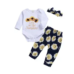 Осенний комплект одежды для новорожденных девочек, хлопковое боди с длинными рукавами для малышей, трусики с дизайном цветов, Цветочная
