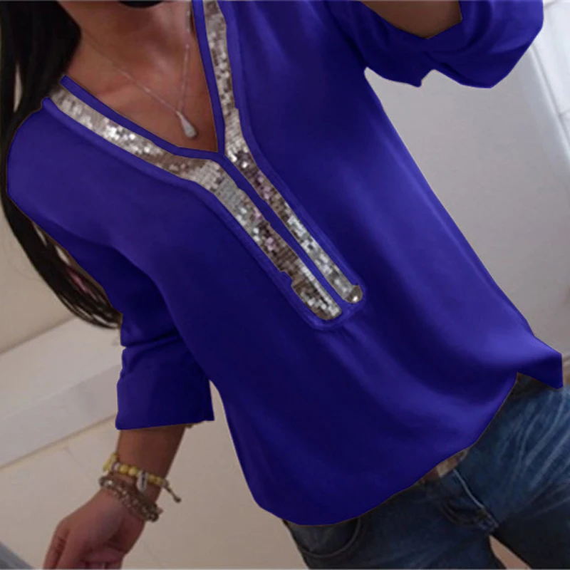 

Women S-5XL Sequins V-neck Chiffon Blouse 2019 Spring Summer Office Lady Blouses Tops Long Sleeve Plus Size Femme Blusa Shirt