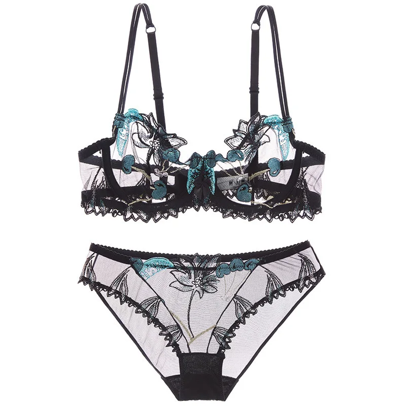 Comprar Cereza de moda bordado de encaje de flores conjunto de lencería transparente ropa interior Mujer de talla grande D Sujetador de copa sexy bragas conjuntos lazo negro