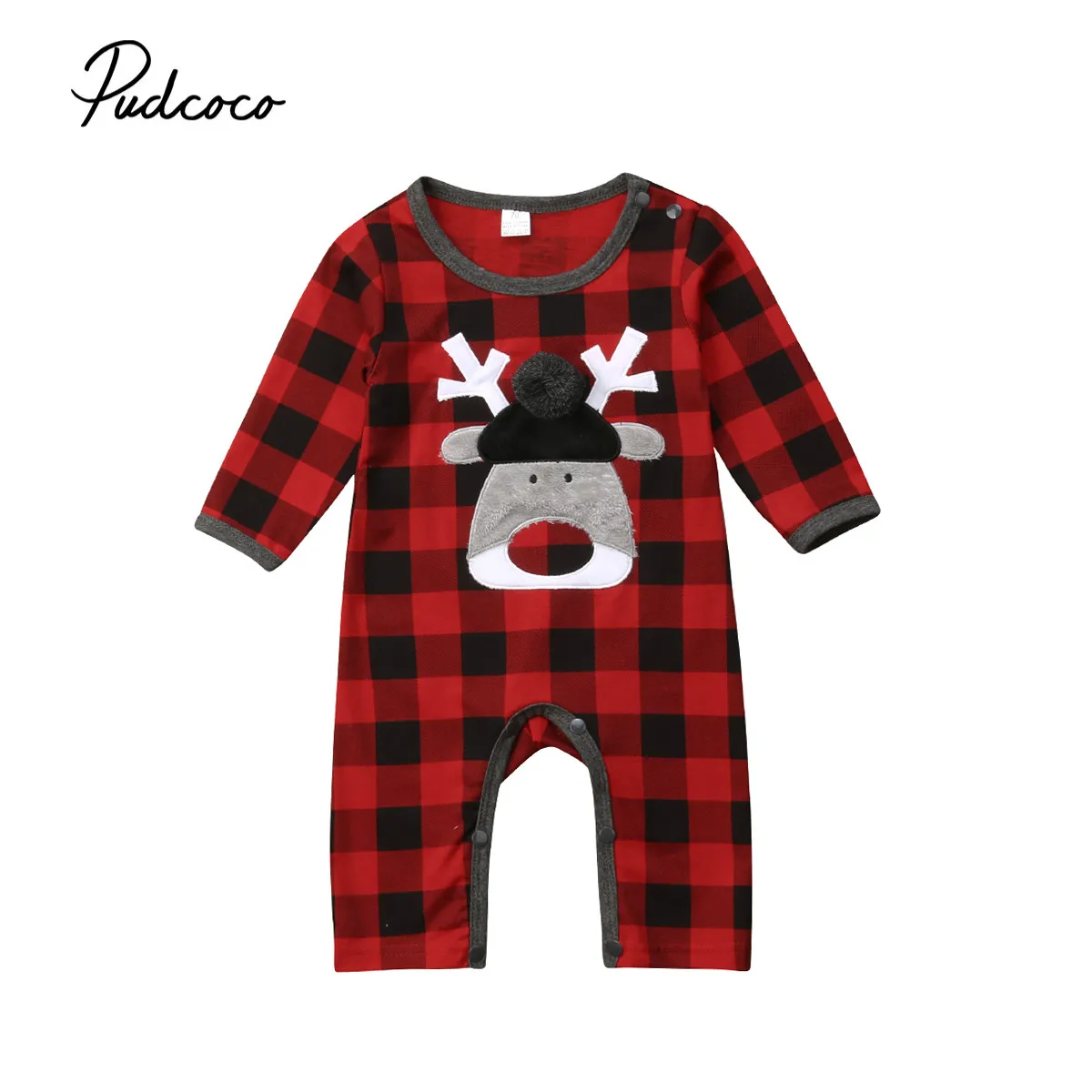 

Pudcoco Christmas Newborn Baby Girl Boy Clothes Red Plaid Deer Romper Jumpsuit Xmas Autumn Baby Clothing Outfits