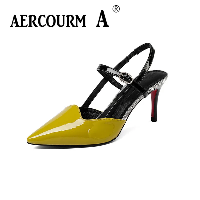 

Aercourm A Women Mixed Colors Patent Leather Sandals Thin High Heel Sandals Lady Buckle Strap Summer Shoes Female Black Sandals