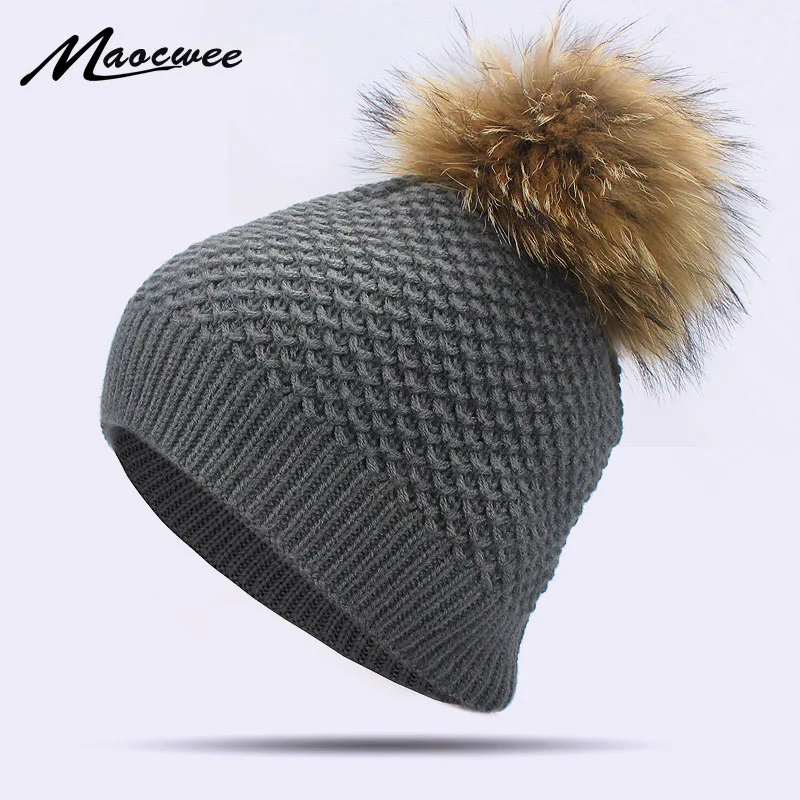 

Warm Natural Raccoon Fur Hats for Women Knitted Braid Beanie Female Caps Pompon Headgear Winter Girl Lady Skullies Hats
