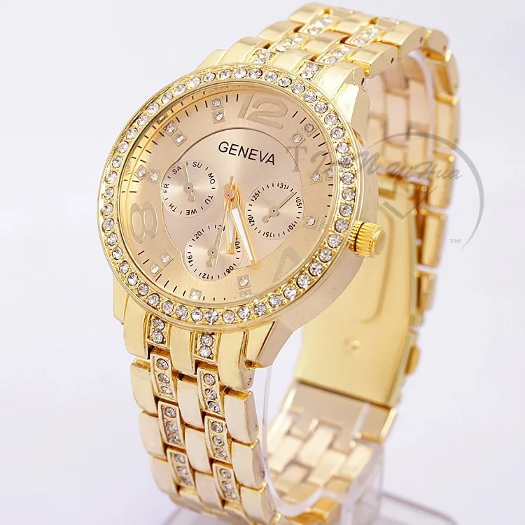 2019 Nova znana blagovna znamka Ženska Zlata Ženeva Kvarčne ure iz nerjavečega jekla, vojaški kristal, priložnostne analogne ure Relogio Feminino Hot