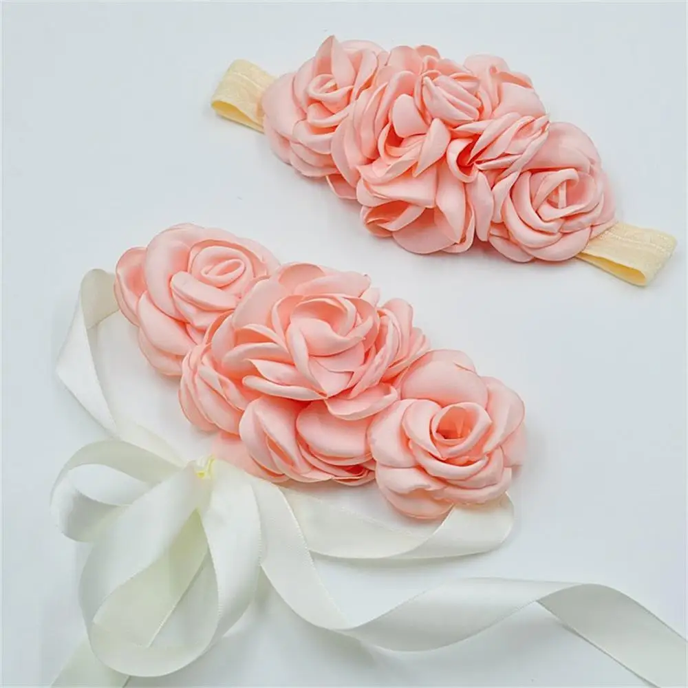 

12set/lot Layered Satin Flower Sash Belt Matching Baby Headband 3Colors