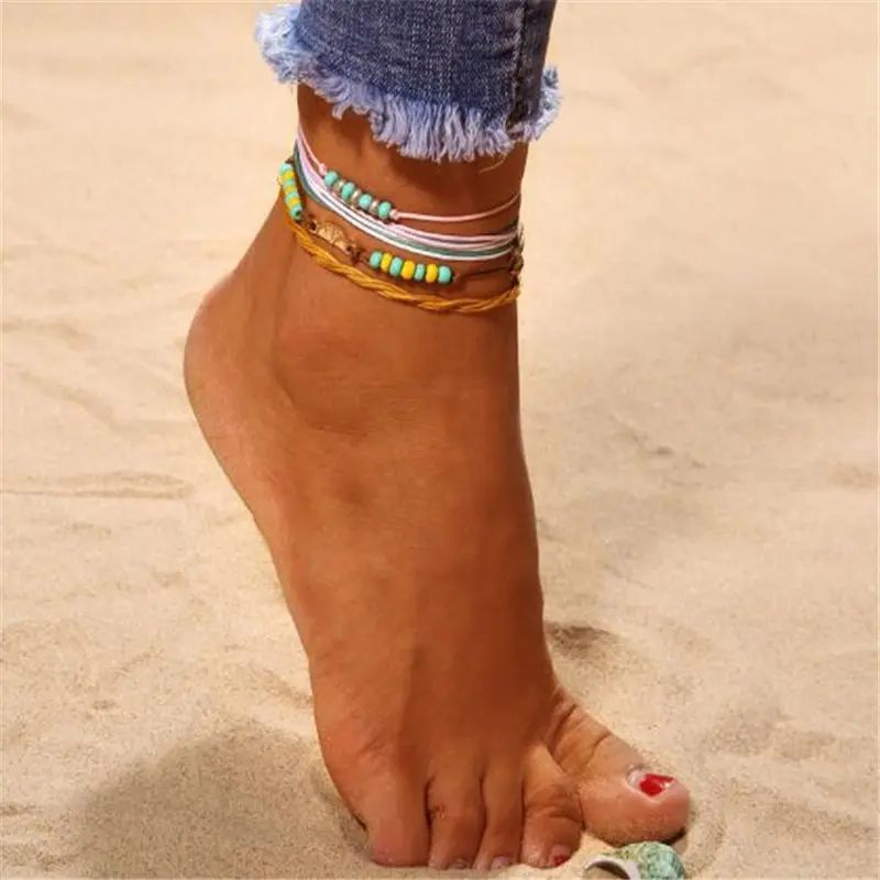 

Handmade Weave Bobo Anklet Set Fashion 4 Pieces Bohemian Chic Summer Bracelet ankle for Women Gift