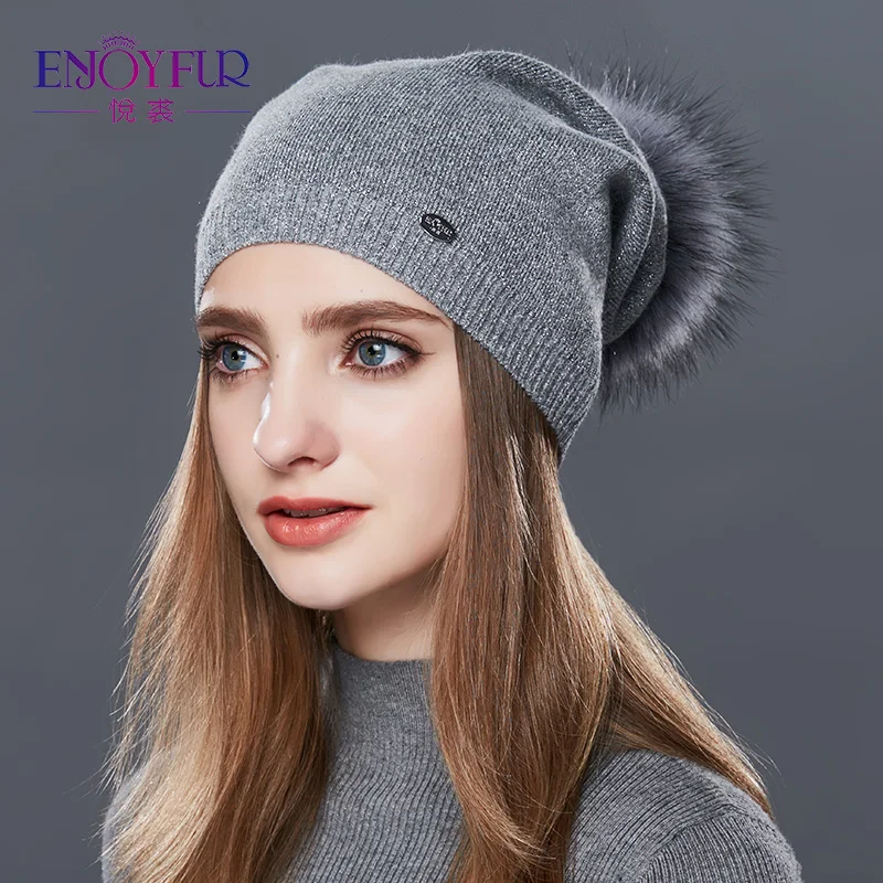 

ENJOYFUR Real Raccoon Fur Pom Pom Hat Female Wool Knitted Winter Hats For Girls Thick Gravity Falls Women's Cap Skullies Beanies