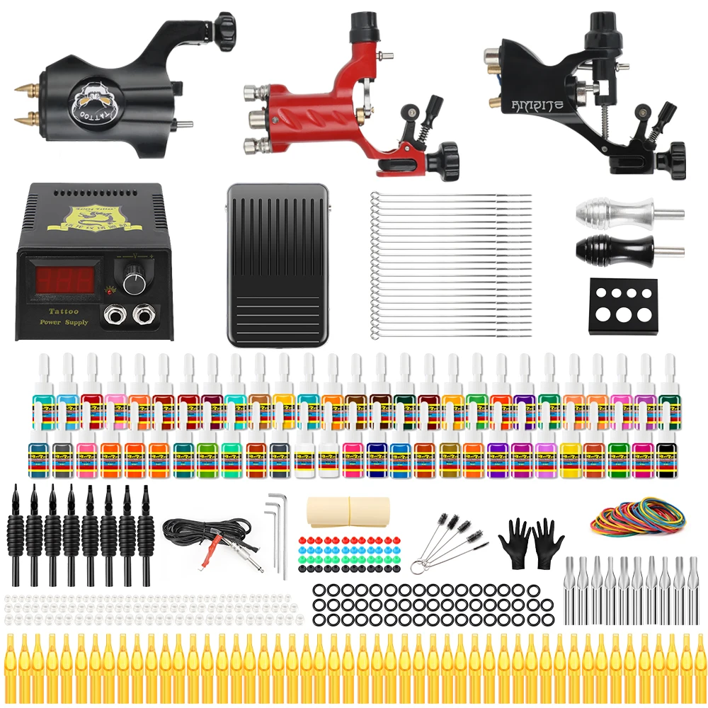 Профессиональный Полный комплект татуировки, 3 роторные татуировки, сплав, 54 Цвета, набор чернил, источник питания, полные комплекты татуировки TK355