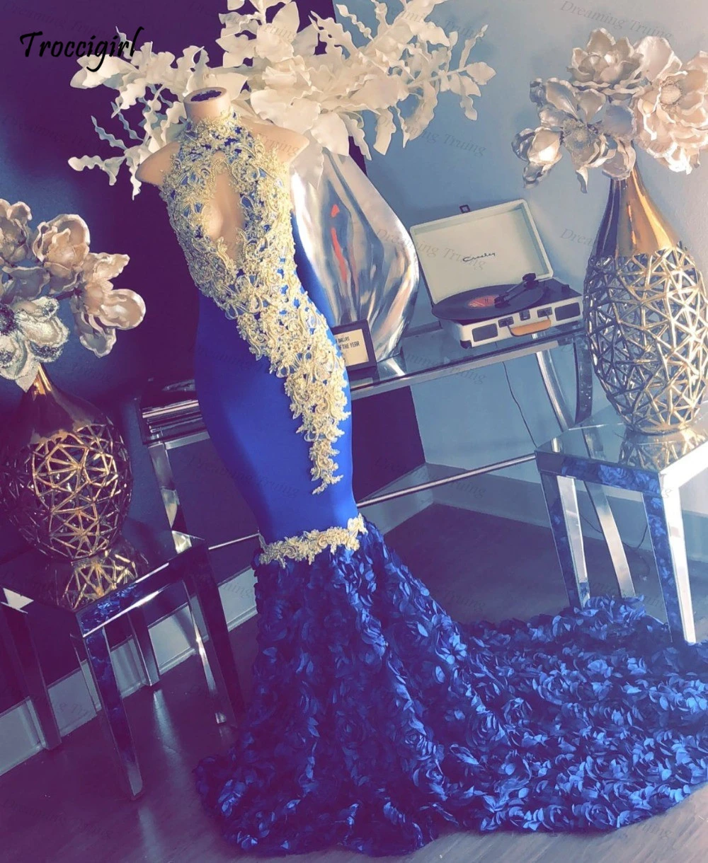91-1               Beautifulinwhite Royal Blue Mermaid Prom Dresses 2019 Black Girls Gold Appliques 3D Rose Flowers Graduation Party Gowns