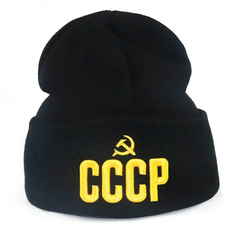 Новинка, CCCP, СССР, 3D вышивка, вязаная шапочка, кепка, гибкий хлопок, Повседневные шапки, женские модные шапочки, мужские зимние теплые шапки - Цвет: Черный