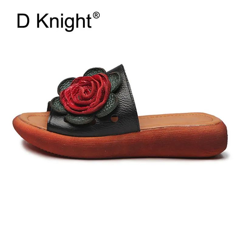 Big Size Flower Woman Beach Flip Flops Summer Sandals Slip- Resistant Slippers Platform Sandal Genuine Leather Slides Size 35-40 (4)