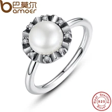 BAMOER 925 Sterling Silver Everlasting Grace Stackable Finger Ring with Pearl & Clear CZ Original Fine Jewelry PA7152