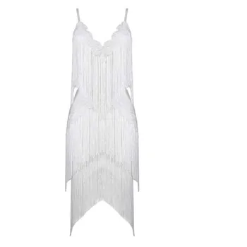 

wholesale New style dress black and white V-neck Spaghetti Strap tassel Sexy celebrity Cocktail party bandage dress (H1645)