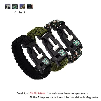 4 in 1 Emergency Survival Bracelet For Men Outdoor Rescue Parachute Cord Wristband Whistle Compass Paracord NO Flintstones