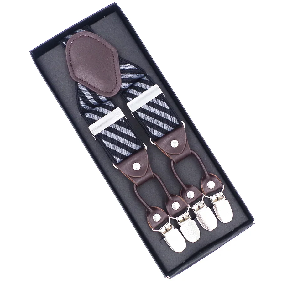 Man's Suspenders Leather 6 clips Braces Male Vintage Casual Suspensorio Tirantes Trousers Strap Father/Husband's Gift 3.5*120cm - Color: Dark grey