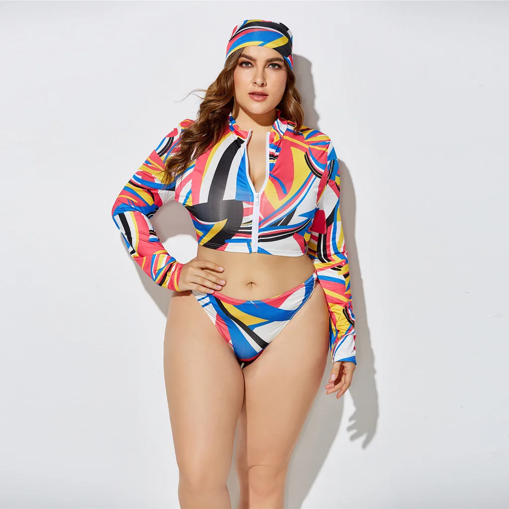 KANCOOLD Three-Piece Women's Swimwear High Waist Printing Long Sleeve Split Suit Brazilian Sexy Bathing Plus Size Swimsuit - Цвет: BK