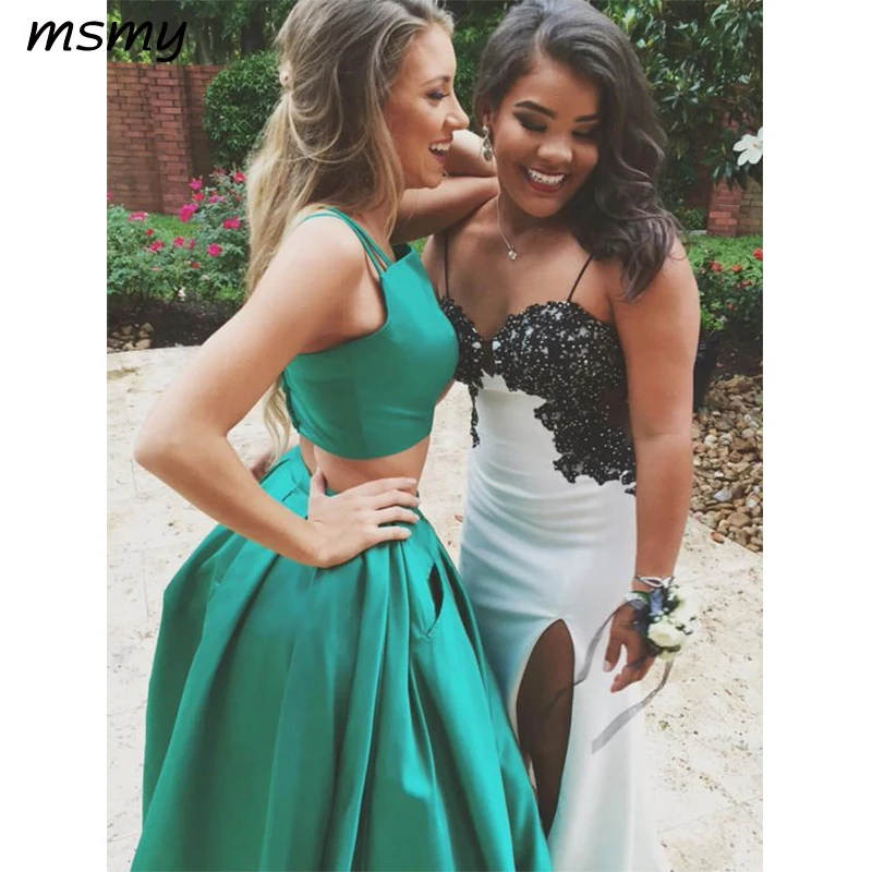 Elegant Two Piece Straps Green Long Prom Dress Ball Gown