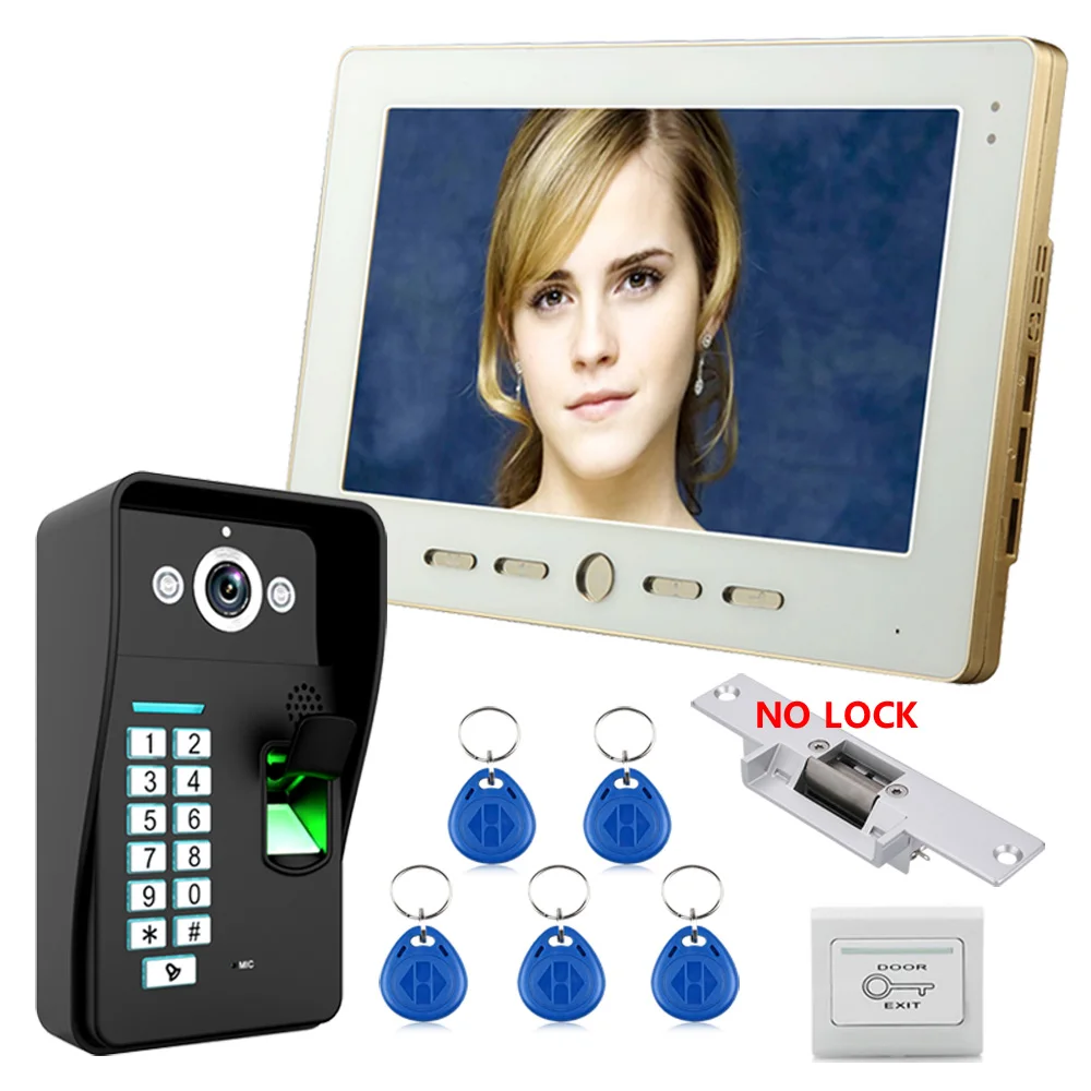 10\ Lcd Fingerprint Recognition RFID Password Video Door Phone Intercom System kit With NO-Electric Strike Door Lock