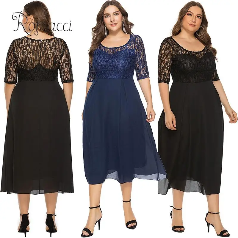 

Women Plus Size Long Dress Chiffon Lace Patches Half Sleeve Slim Elegant Evening Party Dress Women Midi Dress Dark Blue/Black