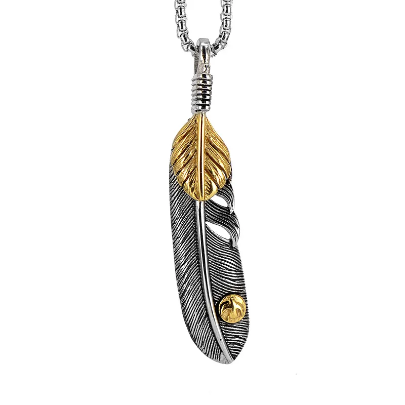 

Stainless Steel Men Necklaces Chain Pendants Feather Gold Silver Punk Rock HipHop Unique for Biker Male Boy Fashion Jewelry Gift