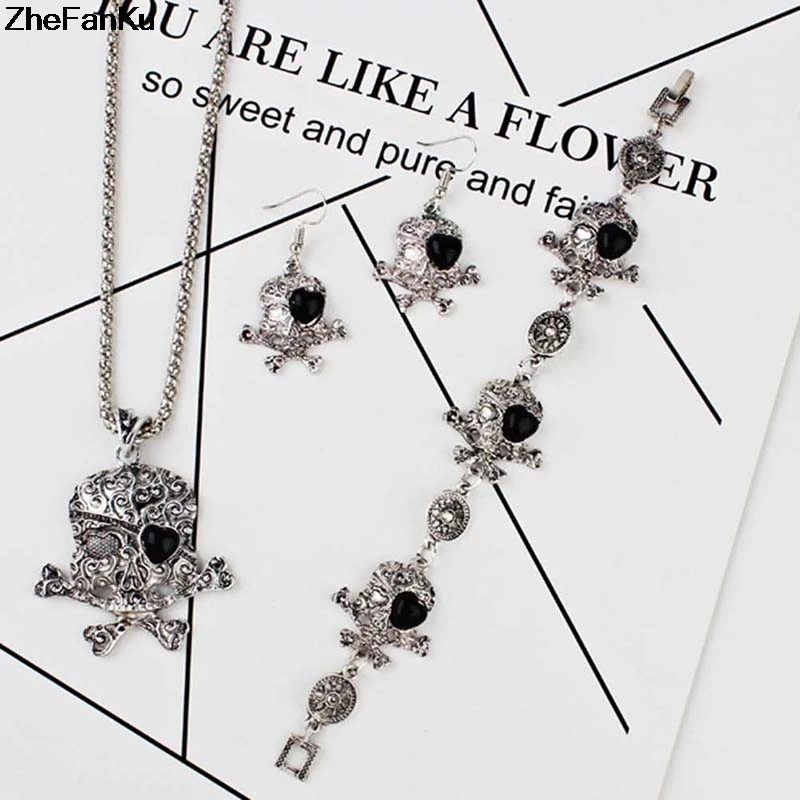 

2018 Fashion Jewelry European Vintage Antique Silver Skull Jewelry Set Necklace Dangle Earrings Bracelet For Women Jewelry Sets