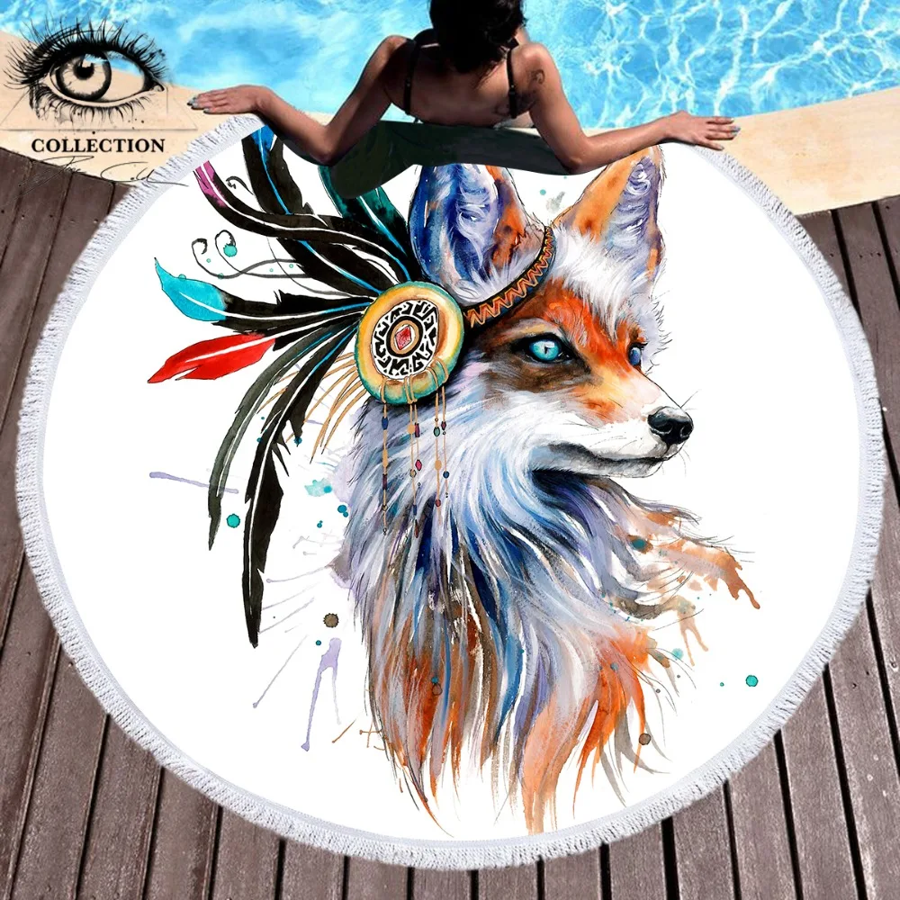 Продажа Fox by Pixie холодной Искусство большой круглый пляжное Полотенца Животные микрофибры банное полотенце для взрослых Toalla акварель Племенной Лен...