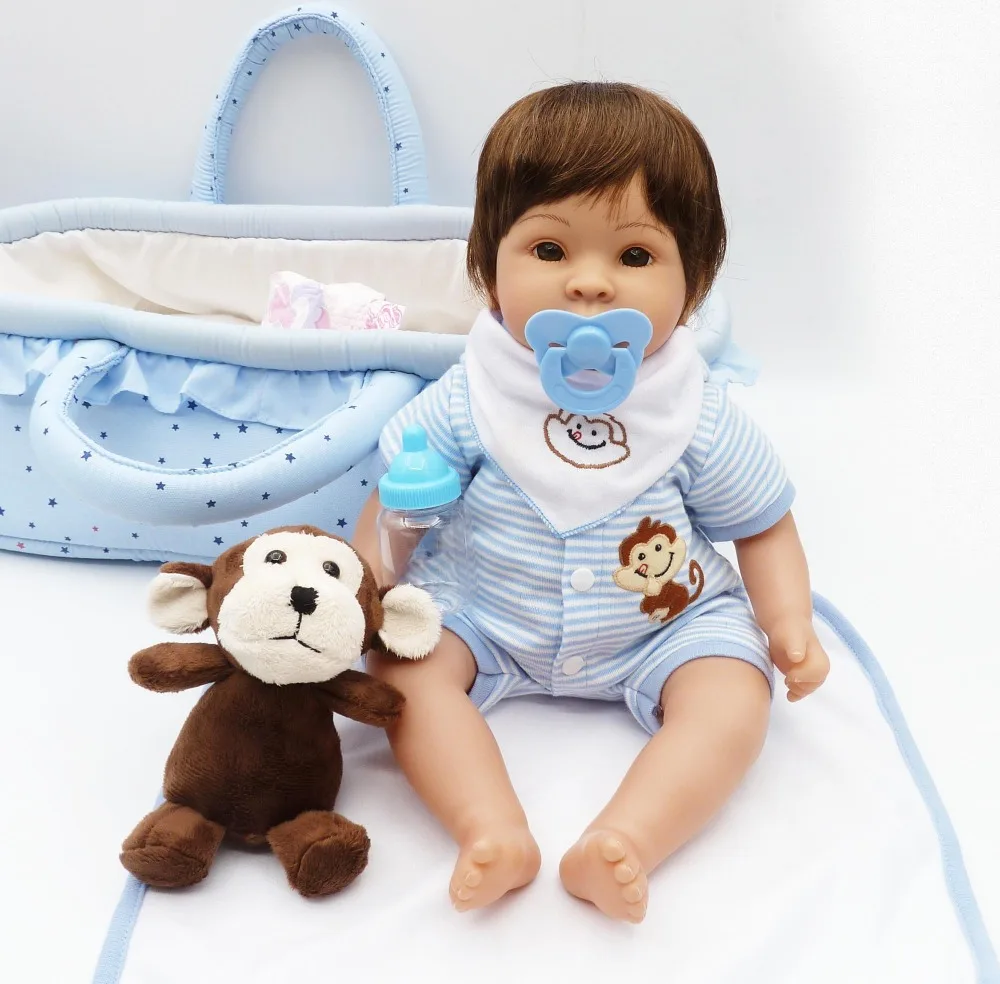 

Bebes Reborn baby dolls 17"41cm silicone vinyl reborn baby dolls with blue basket monkey plush doll real baby alive doll gift