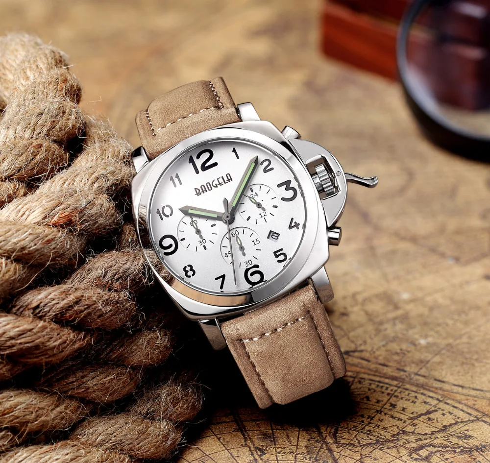 Baogela мужские Часы коричневый кожаный ремешок Мода хронограф Reloj Hombre