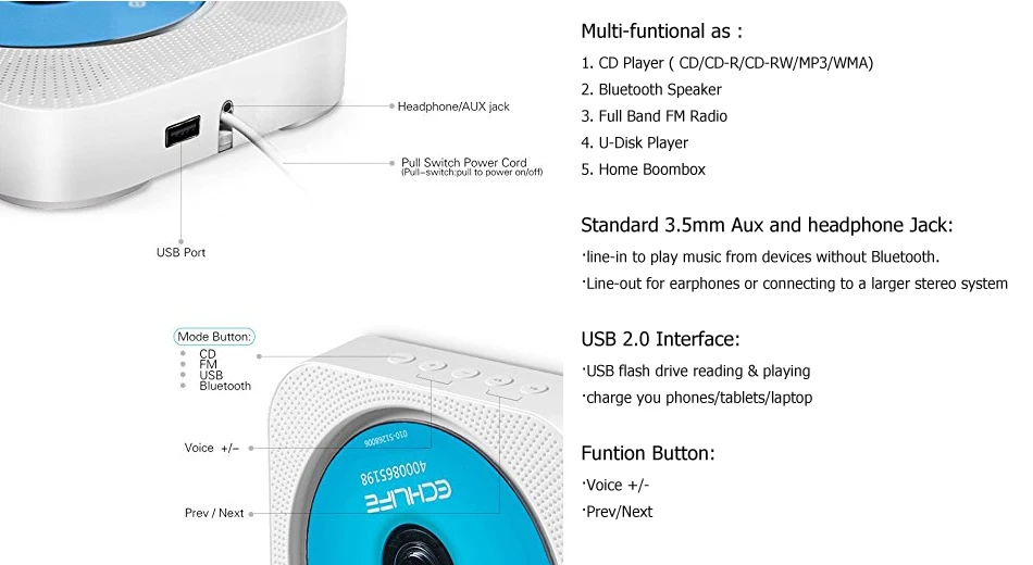 KUSTRON настенный CD-плеер Bluetooth HiFi CD музыкальный плеер с пультом дистанционного управления, fm-радио, USB, MP3 3,5 мм разъем для наушников