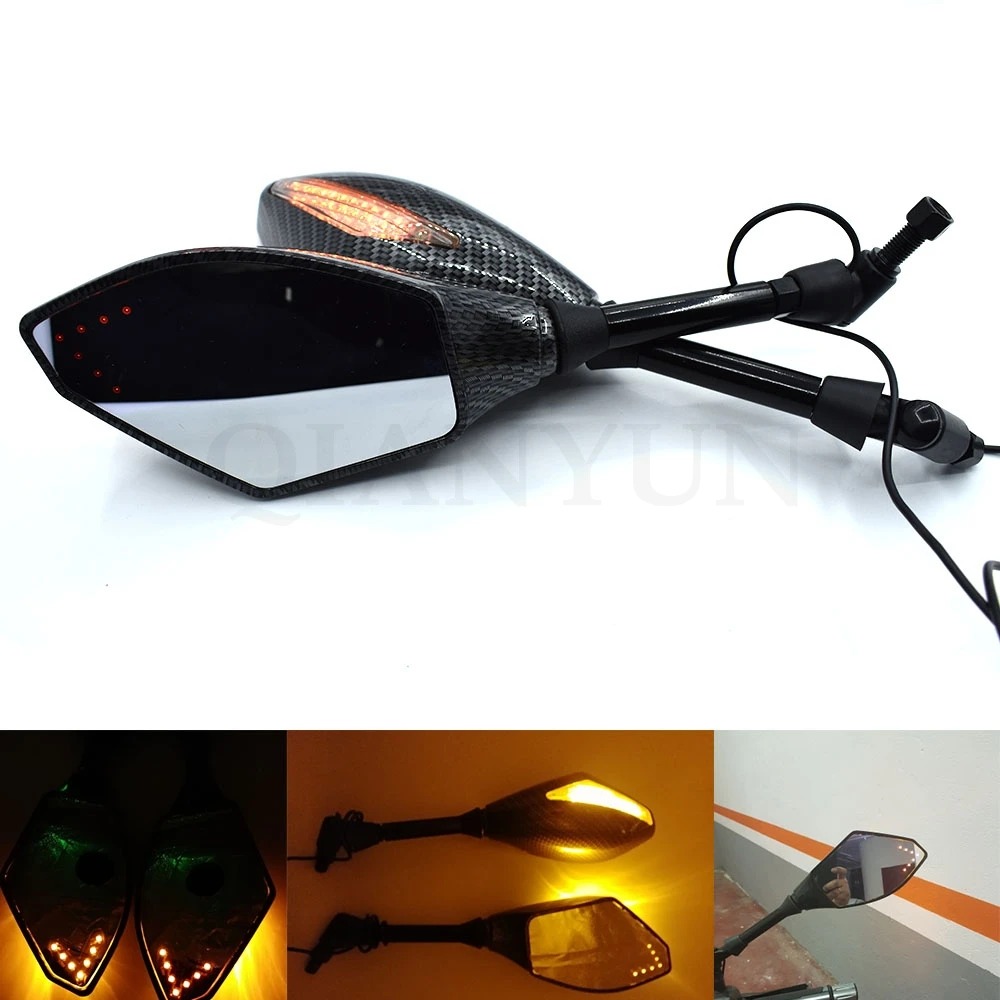 

10MM scooter motorcycle rearview mirror with LED moto turn signal light side mirror carbon fibre color moto flashers mirror