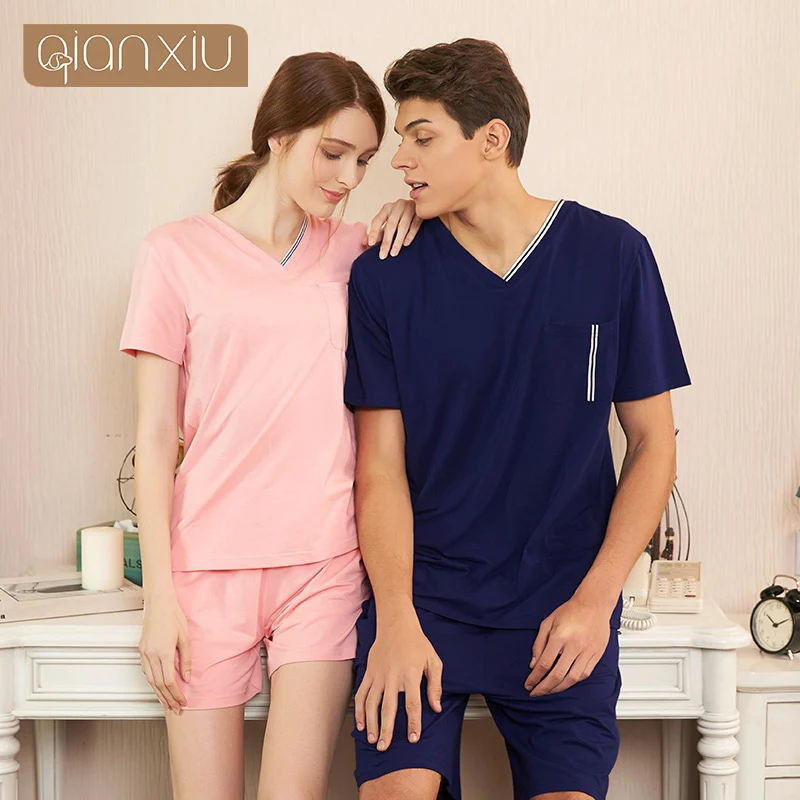 

2019 Summer Couples Casual Loosen pajama sets Ladies V-neck collar t shirt + Shorts Female Cotton Modal Sleepwear suit Plus size