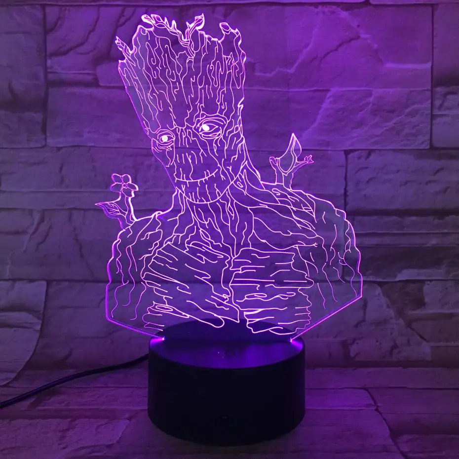 Usb 3d светодиодный Ночной светильник с изображением героев фильма Марвел «мстители», супер герой, дерево человек фигурка Грут 3d иллюзия многоцветный Rgb Led Настольная лампа Спальня Neon